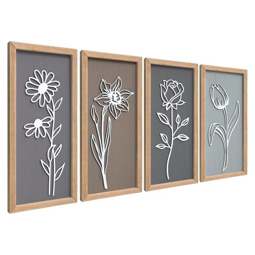 Cpcdaosk 3D Wooden Floral Framed Wall Decor of 4 7X16 Farmhouse Vintage Boho Minimalist Flower Wall Art for Living Room Rustic Retro Moody Vertical Tulip Rose Daisy Daffodil Botanical Wall Sculptures - Image 1