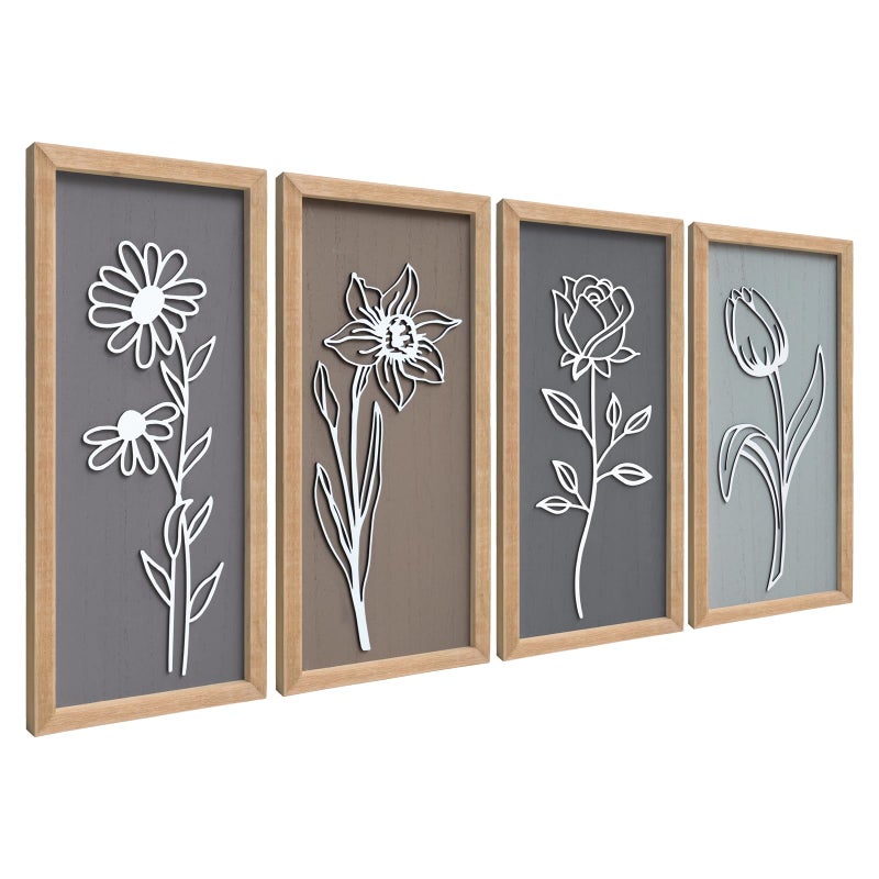 Cpcdaosk 3D Wooden Floral Framed Wall Decor of 4 7X16 Farmhouse Vintage Boho Minimalist Flower Wall Art for Living Room Rustic Retro Moody Vertical Tulip Rose Daisy Daffodil Botanical Wall Sculptures - Image 2