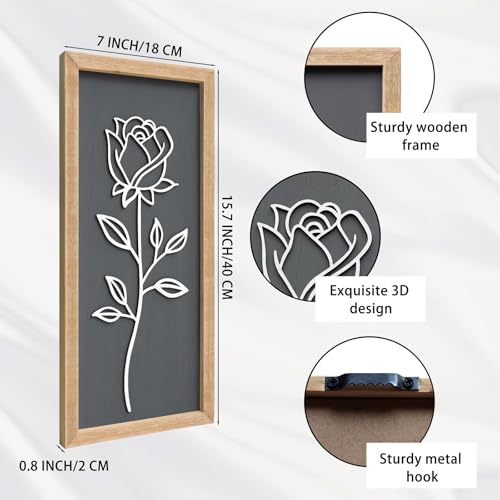 Cpcdaosk 3D Wooden Floral Framed Wall Decor of 4 7X16 Farmhouse Vintage Boho Minimalist Flower Wall Art for Living Room Rustic Retro Moody Vertical Tulip Rose Daisy Daffodil Botanical Wall Sculptures - Image 3