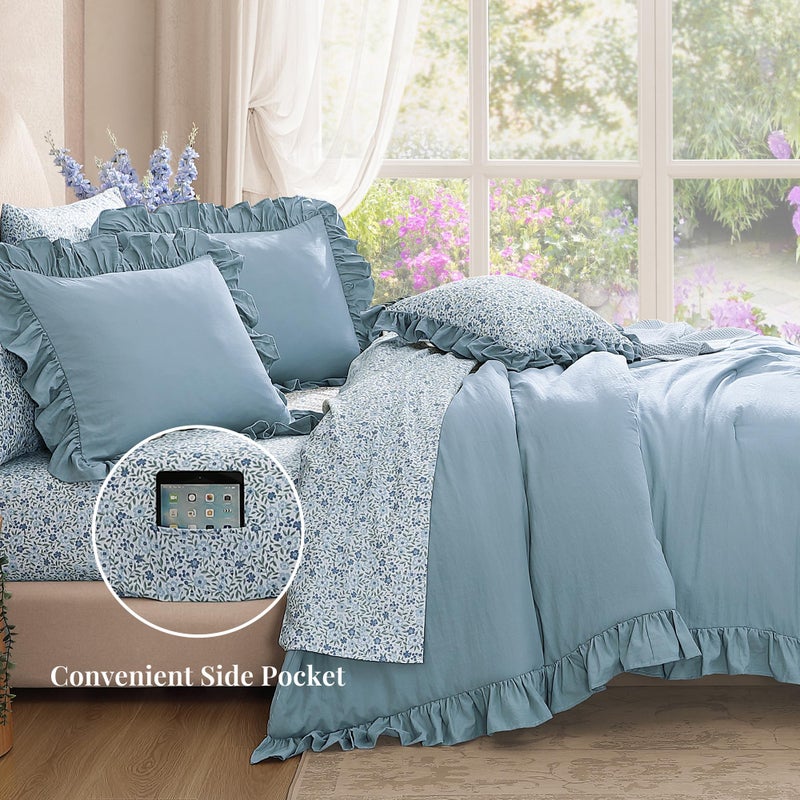 BLOOMHAVEN Twin XL Comforter Set - 5 Pieces Ruffle Blue Bedding Sets, Shabby Chic Farmhouse Bed in a Bag Twin XL with Ruffle Comforter, Floral Sheets, Pillowcases & Shams - Image 5