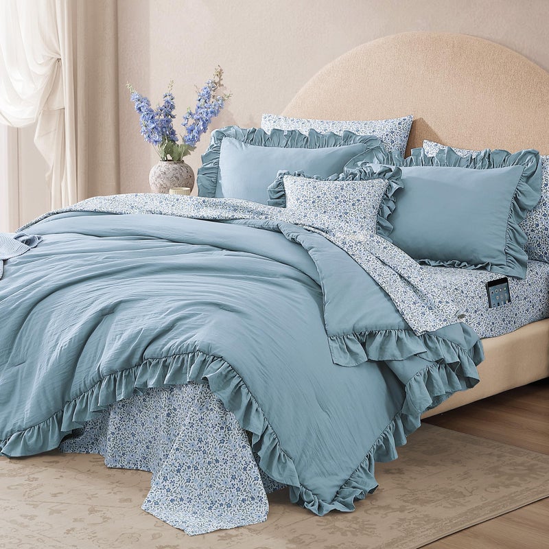 BLOOMHAVEN Twin XL Comforter Set - 5 Pieces Ruffle Blue Bedding Sets, Shabby Chic Farmhouse Bed in a Bag Twin XL with Ruffle Comforter, Floral Sheets, Pillowcases & Shams - Image 3