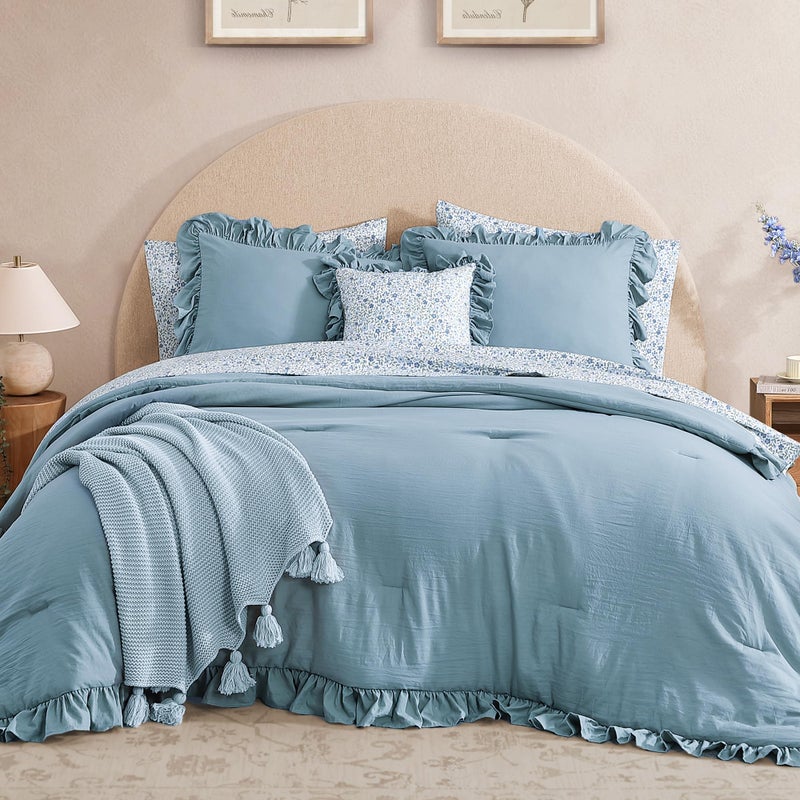BLOOMHAVEN Twin XL Comforter Set - 5 Pieces Ruffle Blue Bedding Sets, Shabby Chic Farmhouse Bed in a Bag Twin XL with Ruffle Comforter, Floral Sheets, Pillowcases & Shams - Image 2