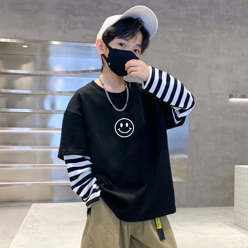 G2181# Boys Long Sleeve T-Shirt Autumn Children Korean Fake Two-Piece Striped Jacket Casual Joker Base Shirt T-Shirt - Image 4