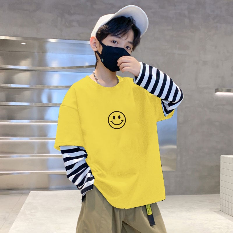 G2181# Boys Long Sleeve T-Shirt Autumn Children Korean Fake Two-Piece Striped Jacket Casual Joker Base Shirt T-Shirt - Image 5