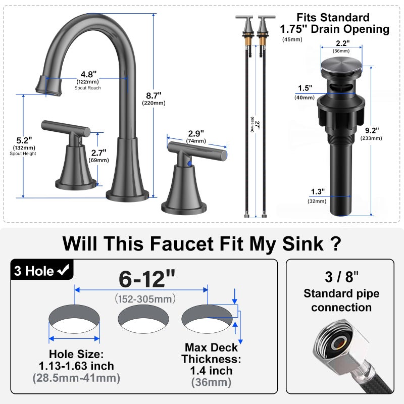 Hurran Bathroom Faucets For Sink 3 Hole  Hurran 8 Inch Widespread Brushed Grey Bathroom Sink Faucet With Pop-Up Drain And Supply Hose  Stainless Steel Lead-Free Faucet For Vessel Sink Vanity Rv - Image 5