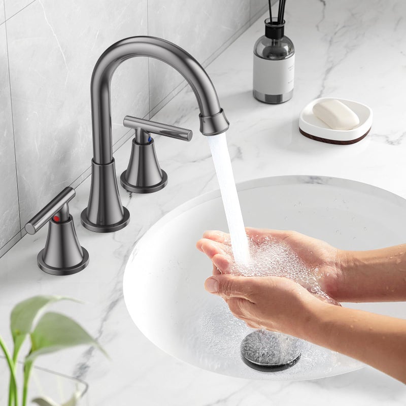 Hurran Bathroom Faucets For Sink 3 Hole  Hurran 8 Inch Widespread Brushed Grey Bathroom Sink Faucet With Pop-Up Drain And Supply Hose  Stainless Steel Lead-Free Faucet For Vessel Sink Vanity Rv - Image 2