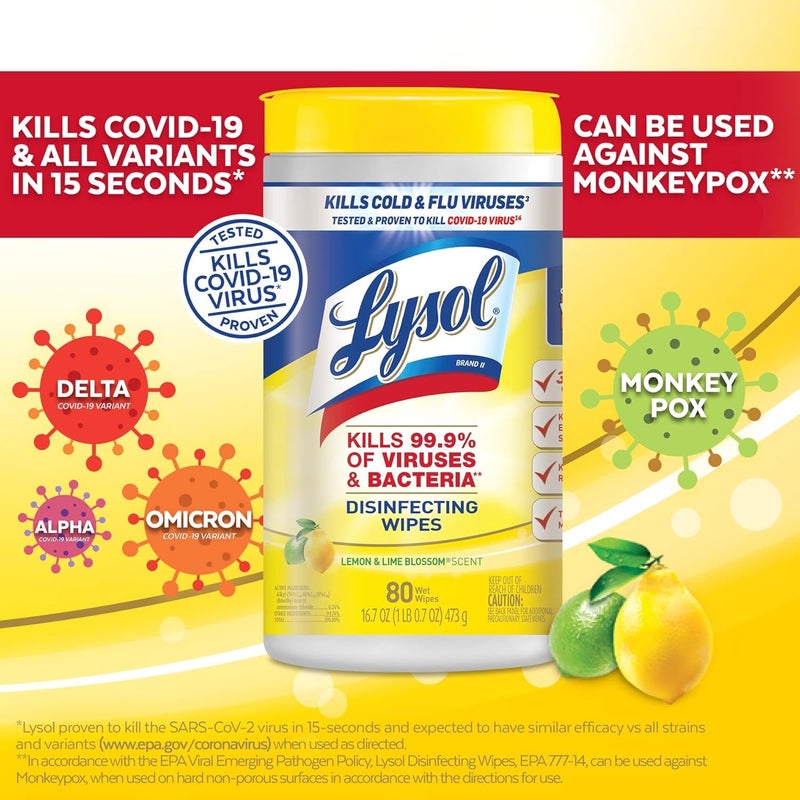 Lysol مناديل مطهرة، مناديل تنظيف مضادة للبكتيريا متعددة الأسطح، للتعقيم والتنظيف، برائحة الليمون وزهرة الليمون، 80 قطعة (عبوة من 1) - Image 5