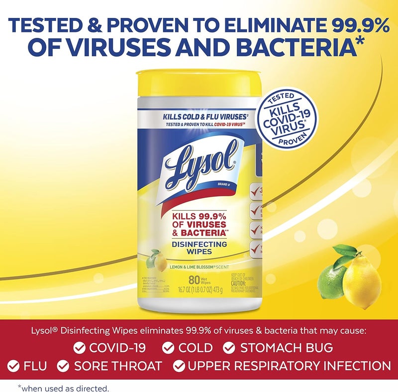 Lysol مناديل مطهرة، مناديل تنظيف مضادة للبكتيريا متعددة الأسطح، للتعقيم والتنظيف، برائحة الليمون وزهرة الليمون، 80 قطعة (عبوة من 1) - Image 3