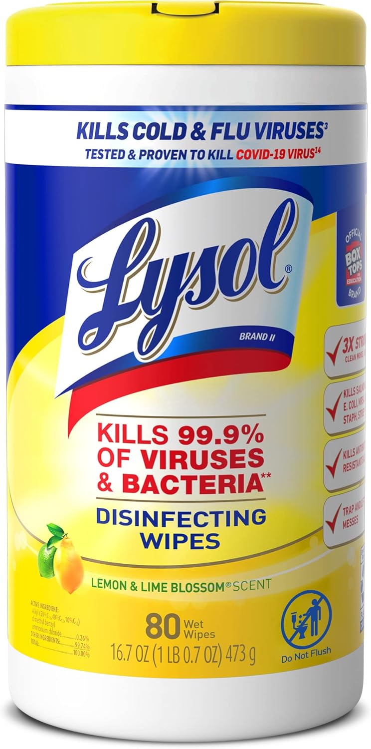 Lysol مناديل مطهرة، مناديل تنظيف مضادة للبكتيريا متعددة الأسطح، للتعقيم والتنظيف، برائحة الليمون وزهرة الليمون، 80 قطعة (عبوة من 1) - Image 1