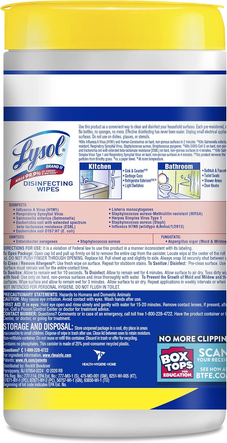 Lysol مناديل مطهرة، مناديل تنظيف مضادة للبكتيريا متعددة الأسطح، للتعقيم والتنظيف، برائحة الليمون وزهرة الليمون، 80 قطعة (عبوة من 1) - Image 2