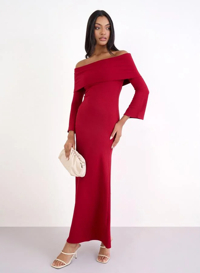Styli Maroon Bardot Neck Maxi Evening Dress