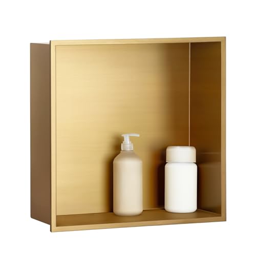 SaniteModar نيش دش سانيت مودار، نيش دش من الفولاذ المقاوم للصدأ 12" × 12" بدون حاجة للبلاط، مدمج لتخزين الحمام، ذهب مصقول (ذهب مصقول، 12x12) - Image 1