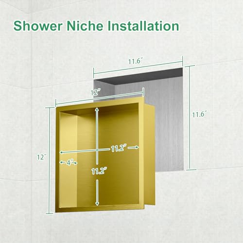 SaniteModar نيش دش سانيت مودار، نيش دش من الفولاذ المقاوم للصدأ 12" × 12" بدون حاجة للبلاط، مدمج لتخزين الحمام، ذهب مصقول (ذهب مصقول، 12x12) - Image 2