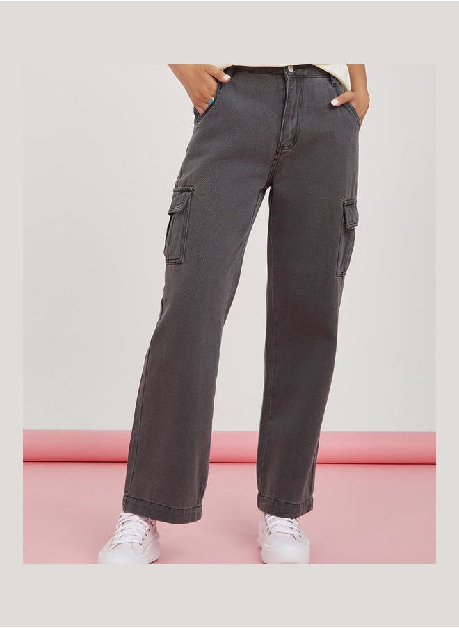 Styli High Rise Cargo Pocket Detail Wide Leg Jeans  - Image 1