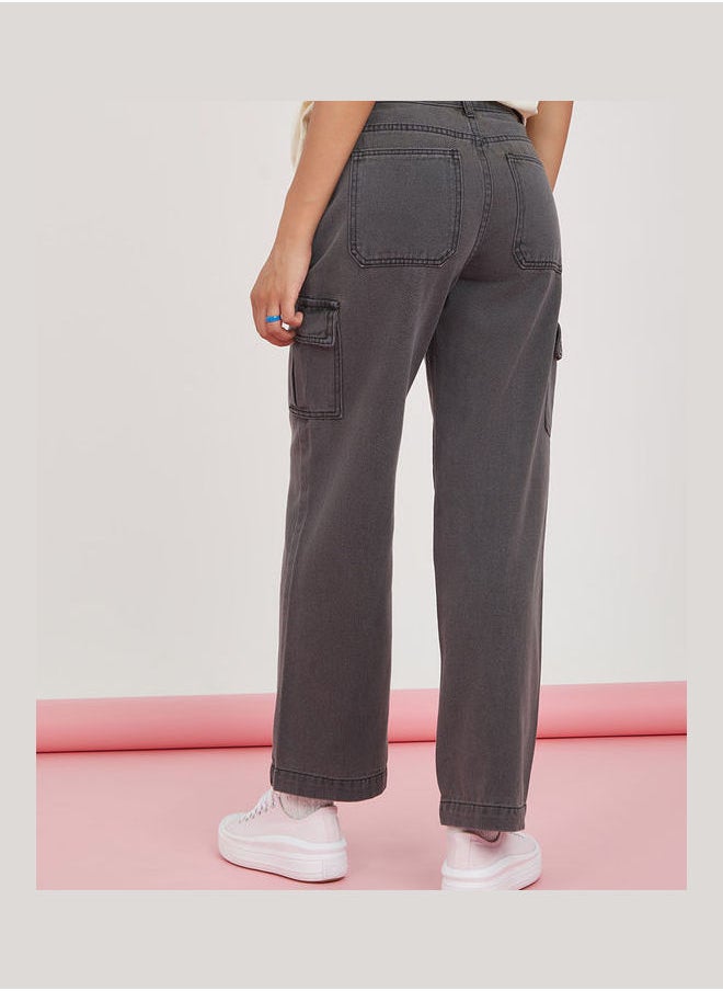 Styli High Rise Cargo Pocket Detail Wide Leg Jeans  - Image 3