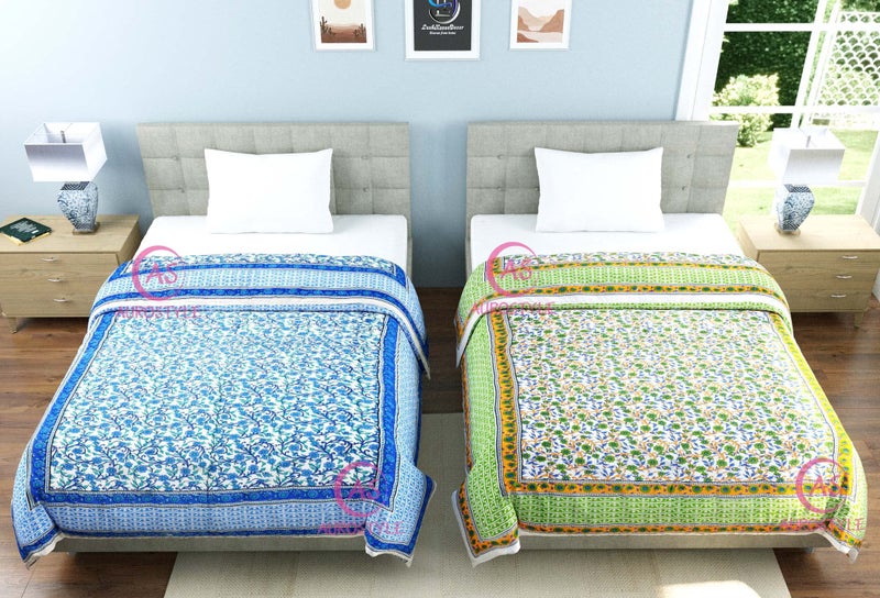 WORLDNEX 400 TC Pure Cotton Jaipuri Design Printed Design Printed Light Weight Traditional Rajasthani Single Bed Quilt/Razai/Rajai (Design 1, Single Bed - Set of 2 Combo Set) - Image 4