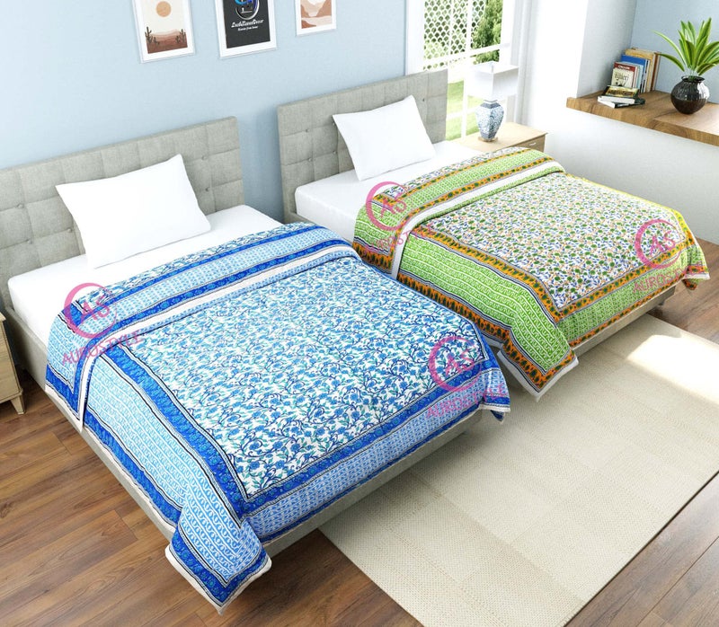 WORLDNEX 400 TC Pure Cotton Jaipuri Design Printed Design Printed Light Weight Traditional Rajasthani Single Bed Quilt/Razai/Rajai (Design 1, Single Bed - Set of 2 Combo Set) - Image 5