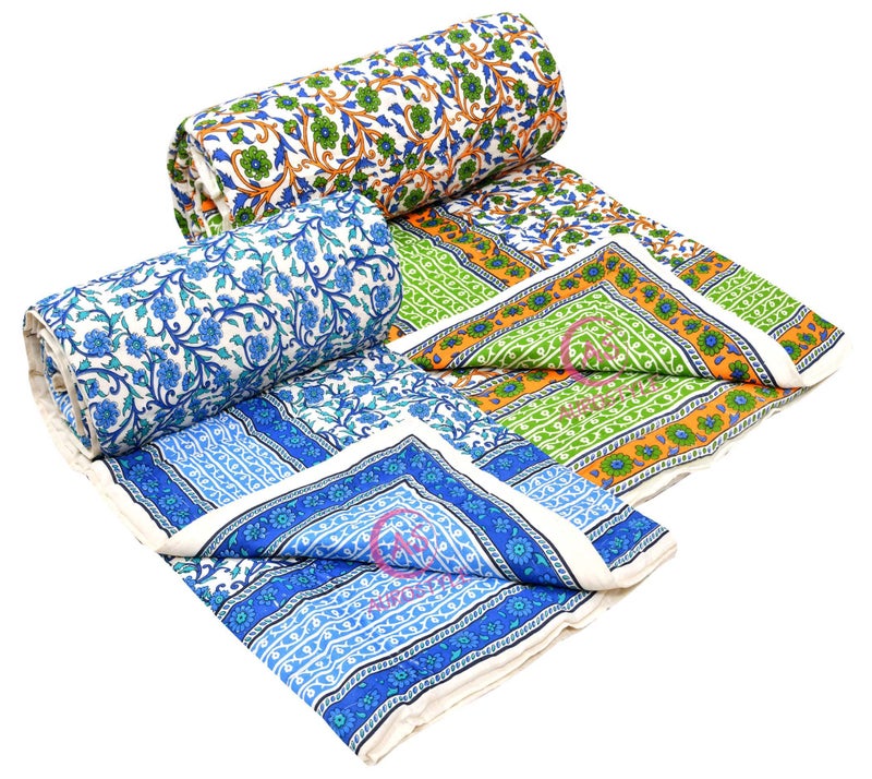 WORLDNEX 400 TC Pure Cotton Jaipuri Design Printed Design Printed Light Weight Traditional Rajasthani Single Bed Quilt/Razai/Rajai (Design 1, Single Bed - Set of 2 Combo Set) - Image 2