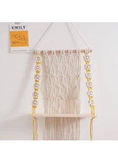 TMS tms Handmade Macrame Wall Hanging Shelf with Daisy Floral Design | Boho Wooden Hanging Shelf for Plants, Books, or Decor | Off-White and Yellow Accent, 12" W x 20" H-1 pcs Edit  - Image 2