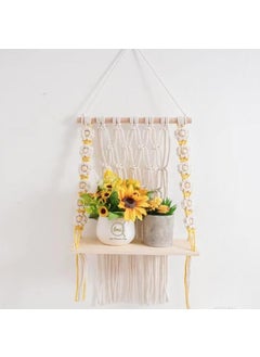 TMS tms Handmade Macrame Wall Hanging Shelf with Daisy Floral Design | Boho Wooden Hanging Shelf for Plants, Books, or Decor | Off-White and Yellow Accent, 12" W x 20" H-1 pcs Edit  - Image 1