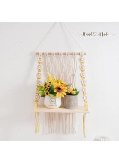 TMS tms Handmade Macrame Wall Hanging Shelf with Daisy Floral Design | Boho Wooden Hanging Shelf for Plants, Books, or Decor | Off-White and Yellow Accent, 12" W x 20" H-1 pcs Edit  - Image 3