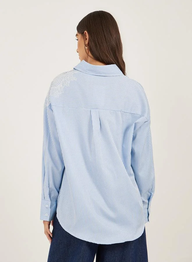 Styli Striped Long Sleeve Oversized Shirt with Lace Detail
