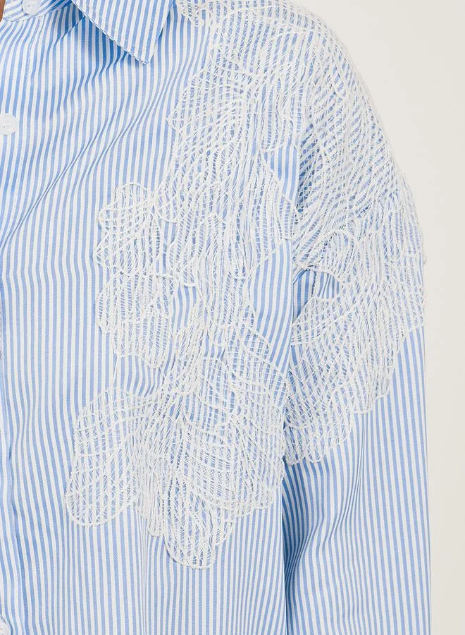 Styli Striped Long Sleeve Oversized Shirt with Lace Detail