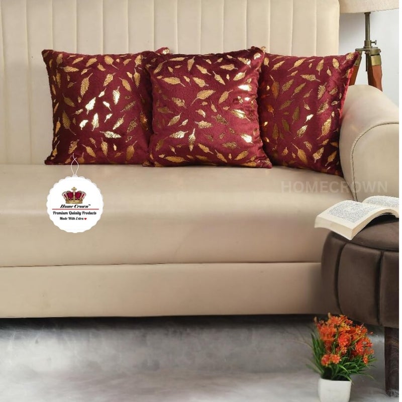HOMECROWN Velvet Cushion Covers 16x16 Inch – Set of 3 Pcs, Golden Feather Print, Soft Faux Fur Decorative Throw Pillow Covers for Sofa, Couch, Bed, Living Room (Maroon) - Image 5