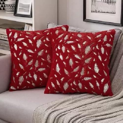HOMECROWN Velvet Cushion Covers 16x16 Inch – Set of 3 Pcs, Golden Feather Print, Soft Faux Fur Decorative Throw Pillow Covers for Sofa, Couch, Bed, Living Room (Maroon) - Image 3