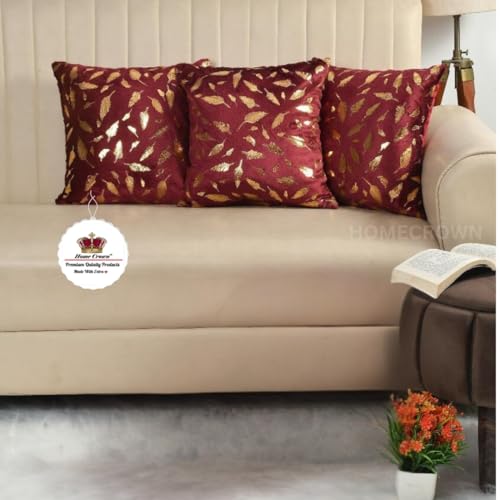 HOMECROWN Velvet Cushion Covers 16x16 Inch – Set of 3 Pcs, Golden Feather Print, Soft Faux Fur Decorative Throw Pillow Covers for Sofa, Couch, Bed, Living Room (Maroon) - Image 1