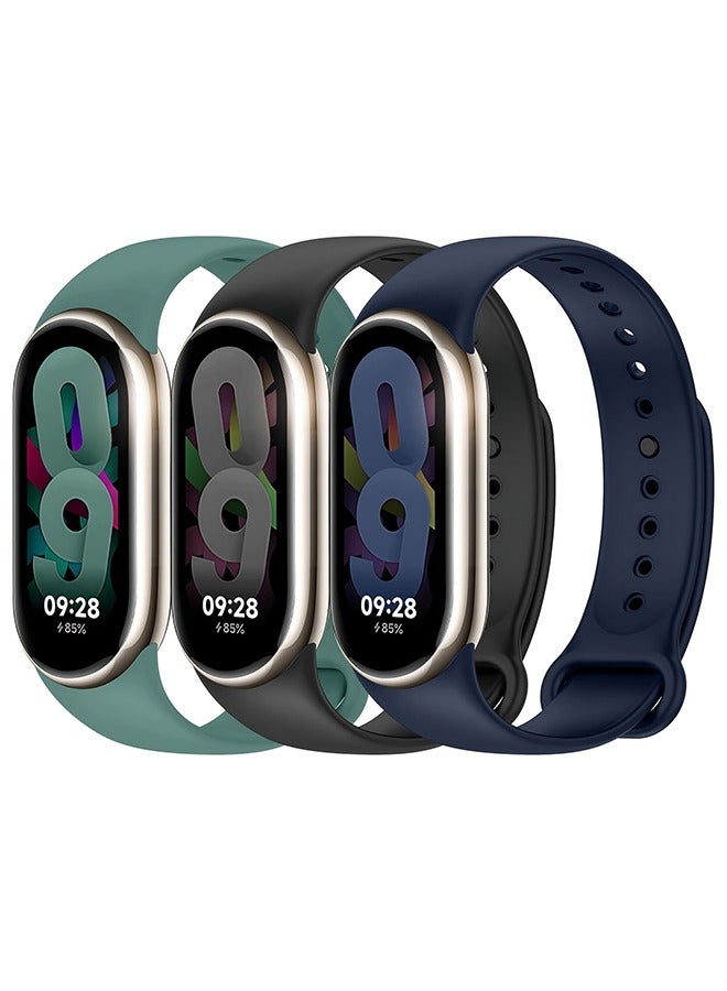 O Ozone [Pack of 3] Silicone Strap Compatible with Xiaomi Mi Band 8, Soft Silicone Skin-Friendly Wrist Strap Adjustable Sports Wristbands Accessories for Women Men (Black/Green/Dark Blue) - Image 1