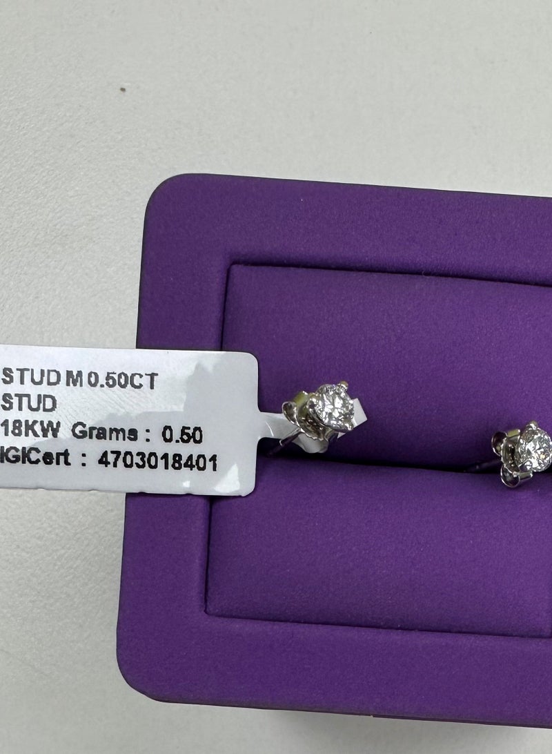 Diamond 18 Karat EarStuds With 0.50 Carat Total Weight IGI Certified Diamonds  - Image 1