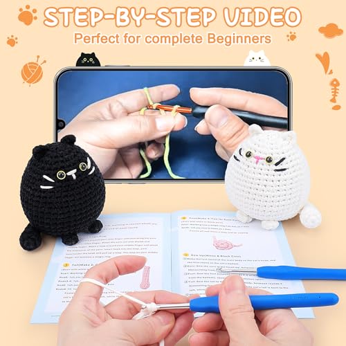 Auspicious beginning Crochet Kit for Beginners-2PCS Cat Crochet Kits for Adults Kids, Crochet Starter Kit with Step-by-Step Video Tutorials, Crochet Animals Kits DIY Craft Knitting Kit Learn to Crochet Kits for Adults - Image 2