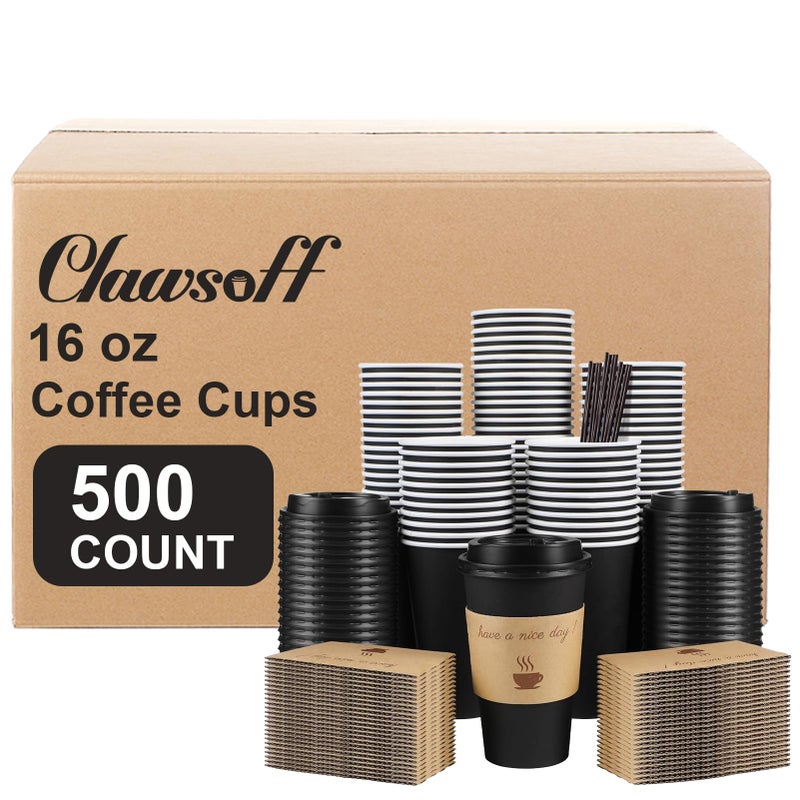 Clawsoff 500 pack 16 oz Coffee Cups with Lids, Disposable To Go Paper Coffee Cups with Sleeves and Stirring Sticks for Hot/Cold Drinks Office Home Shop Event - Image 1
