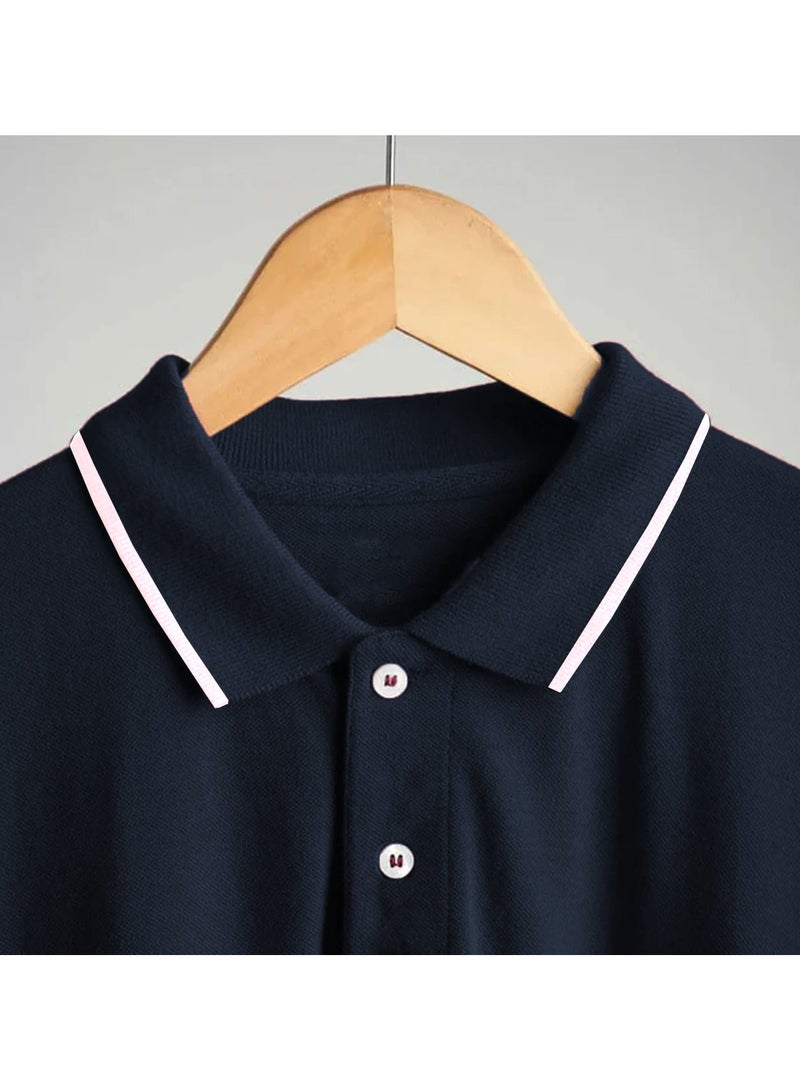 خيوط أدق قميص بولو رجالي أزرق داكن بياقة متباينة وخطوط رفيعة - مقاس عادي (2XL) - Image 5