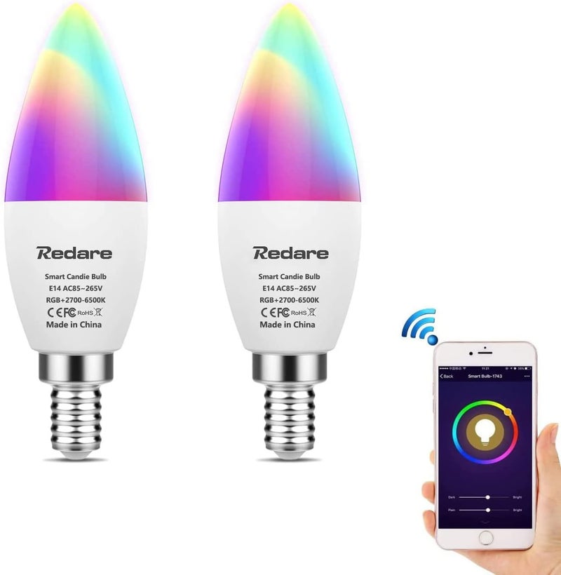 Alexa E14 Smart Candle Bulbs,لمبة ذكية,C37 Dimmable WiFi Smart Bulbs,500Lm,5W Replace 60 Watt,White+RGBCW Colour Changing LED RGB Light Bulb Work with alexa,Google Home(AC85~265V 2 Pack) - Image 1