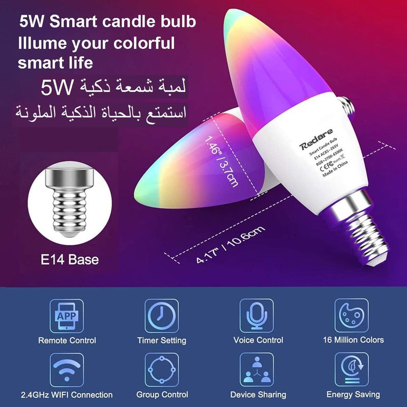 Alexa E14 Smart Candle Bulbs,لمبة ذكية,C37 Dimmable WiFi Smart Bulbs,500Lm,5W Replace 60 Watt,White+RGBCW Colour Changing LED RGB Light Bulb Work with alexa,Google Home(AC85~265V 2 Pack) - Image 2