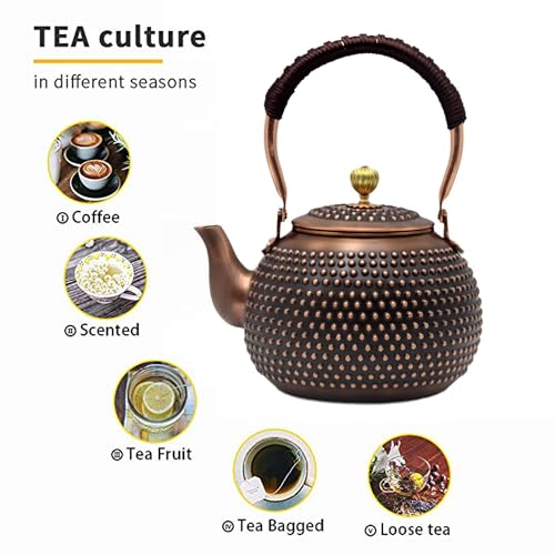 YJX 47.3oz Elegant Japanese Style Copper Tea Kettle For Stovetop Safe, Non-Coating Pure Copper Teapot with Stainless Steel Tea Ball For Loose Tea, Solid Tea Pot For 2-4 Cups (1400ml) - Image 4