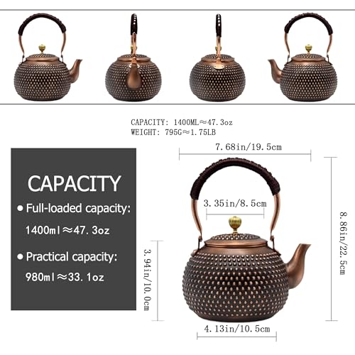 YJX 47.3oz Elegant Japanese Style Copper Tea Kettle For Stovetop Safe, Non-Coating Pure Copper Teapot with Stainless Steel Tea Ball For Loose Tea, Solid Tea Pot For 2-4 Cups (1400ml) - Image 5