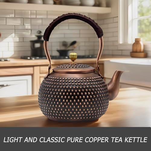 YJX 47.3oz Elegant Japanese Style Copper Tea Kettle For Stovetop Safe, Non-Coating Pure Copper Teapot with Stainless Steel Tea Ball For Loose Tea, Solid Tea Pot For 2-4 Cups (1400ml) - Image 3
