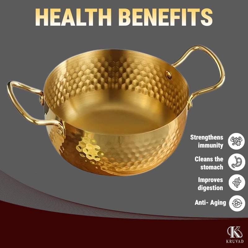 PIPULSE Heavy Duty Pure Brass Kadai Handcrafted Non-Stick Induction Korean Ramen Pot Brass for Handle - Ayurvedic Health Benefits - Traditional Indian Cooking Pot for Vegetables, Pasta (2 Litter) - Image 4