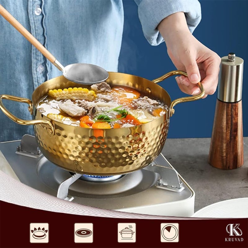 PIPULSE Heavy Duty Pure Brass Kadai Handcrafted Non-Stick Induction Korean Ramen Pot Brass for Handle - Ayurvedic Health Benefits - Traditional Indian Cooking Pot for Vegetables, Pasta (2 Litter) - Image 2