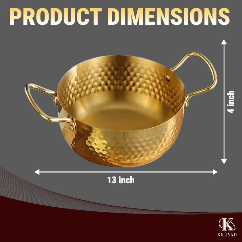 PIPULSE Heavy Duty Pure Brass Kadai Handcrafted Non-Stick Induction Korean Ramen Pot Brass for Handle - Ayurvedic Health Benefits - Traditional Indian Cooking Pot for Vegetables, Pasta (2 Litter) - Image 3