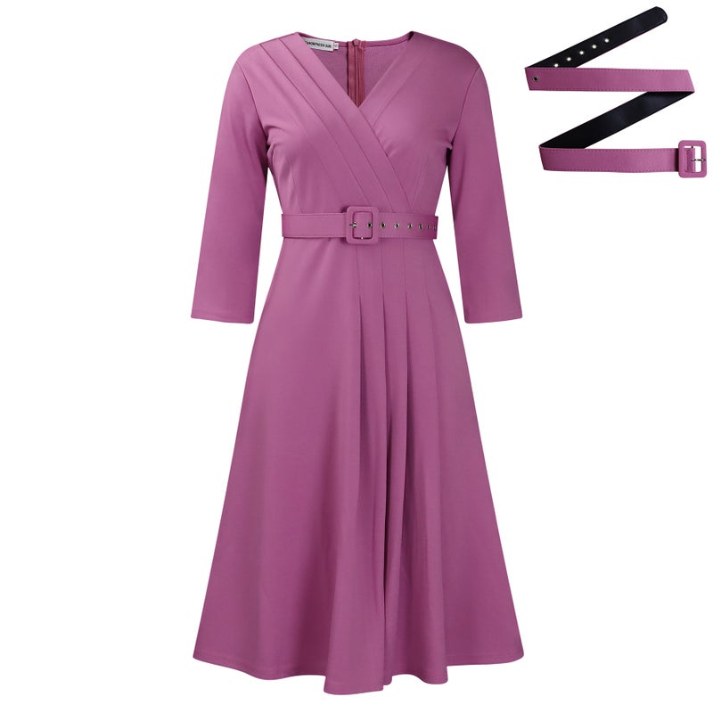 V-Neck Elegant Pleated Stretch Dress lotus root purple belt 