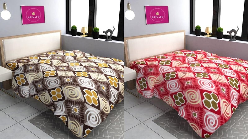 BREVARD BREVARD Double Bed Woolen Fabric Geometric Quilt CoverDuvet CoverRajai CoverBlanket Cover for Winters 90x100 Inches Brown and Red Combo of 2  - Image 1