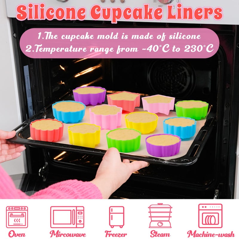 R HORSE Mini Silicone Cupcake Liners Molds - 60Pcs 2 Inch Muticolor Floral Shaped Baking Cups, Reusable Non-Stick Cupcake Wrappers Muffin Baking Liners for Oven Microwave Dishwasher Safe - Image 3