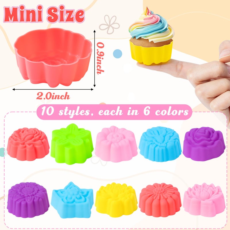 R HORSE Mini Silicone Cupcake Liners Molds - 60Pcs 2 Inch Muticolor Floral Shaped Baking Cups, Reusable Non-Stick Cupcake Wrappers Muffin Baking Liners for Oven Microwave Dishwasher Safe - Image 2