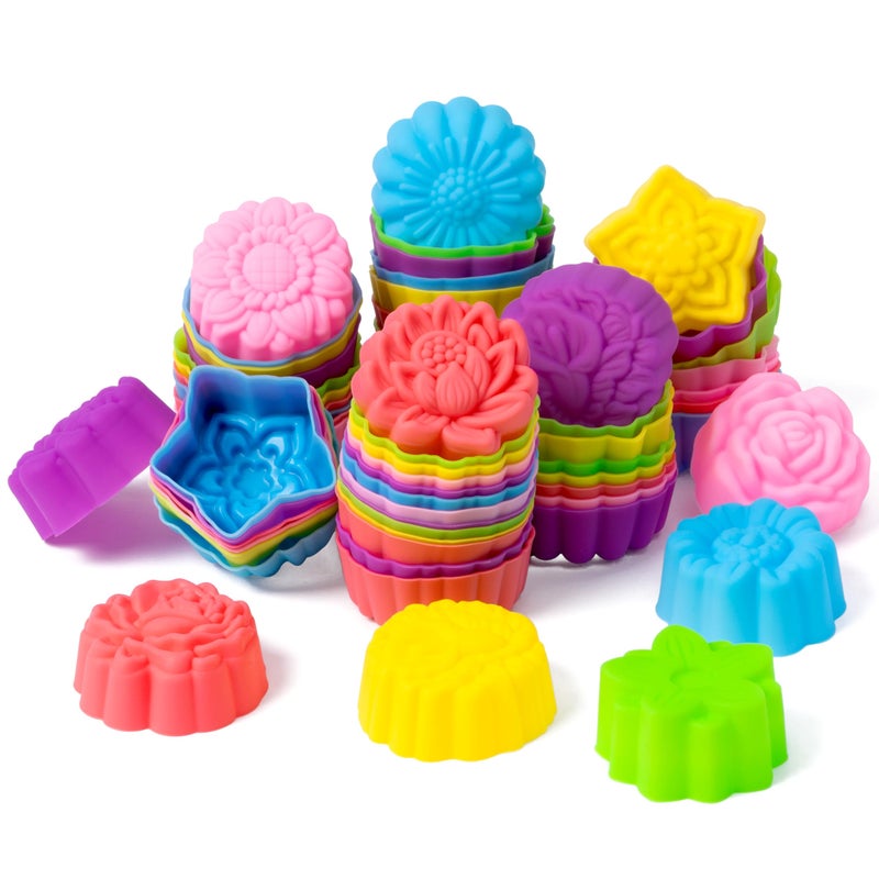 R HORSE Mini Silicone Cupcake Liners Molds - 60Pcs 2 Inch Muticolor Floral Shaped Baking Cups, Reusable Non-Stick Cupcake Wrappers Muffin Baking Liners for Oven Microwave Dishwasher Safe - Image 1