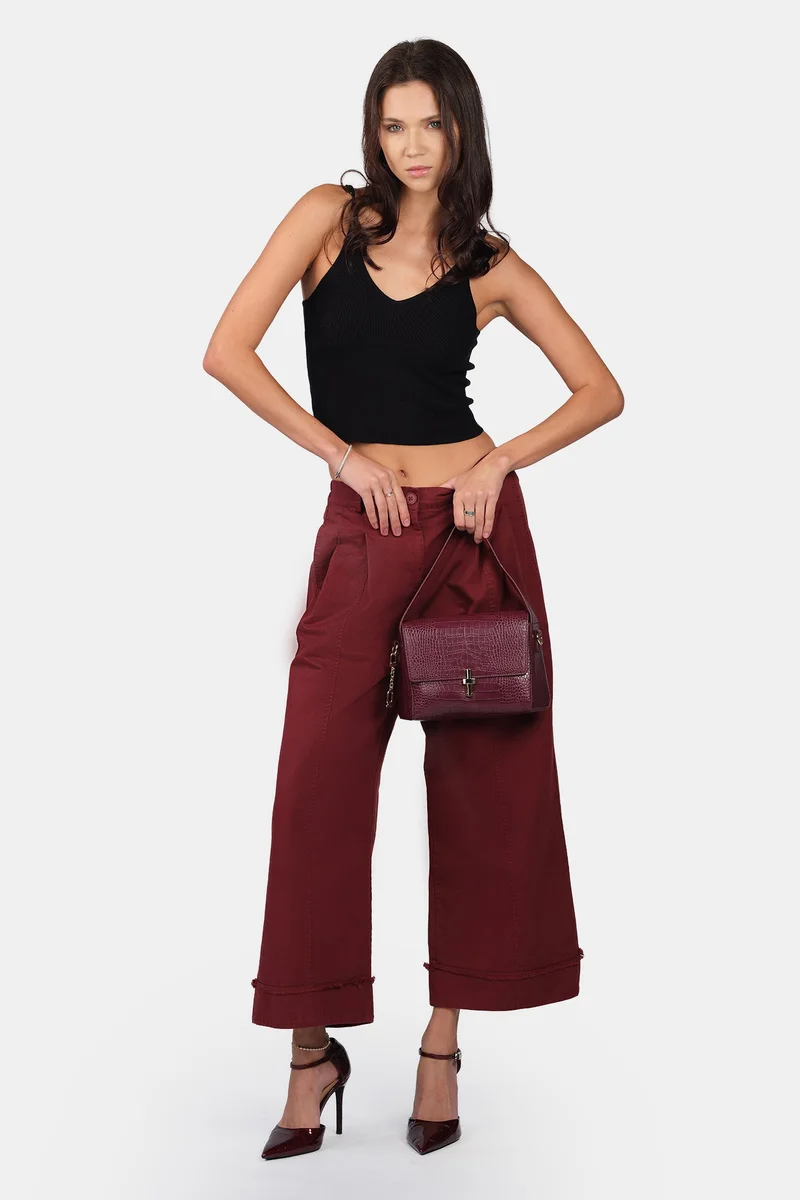 فيرجيو Solid Cotton Wide-Leg Folded Hem Trousers for Women
