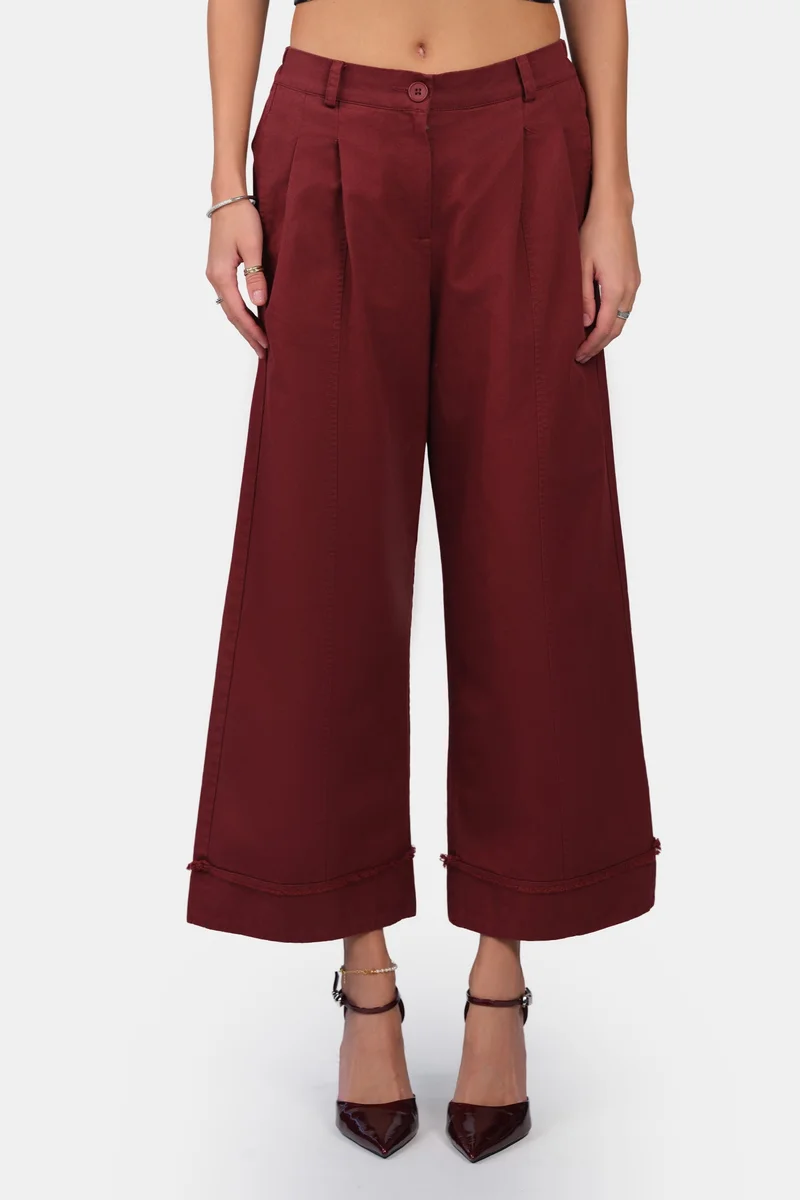 Virgio  Solid Cotton Wide-Leg Folded Hem Trousers for Women for Women | Best Price UAE